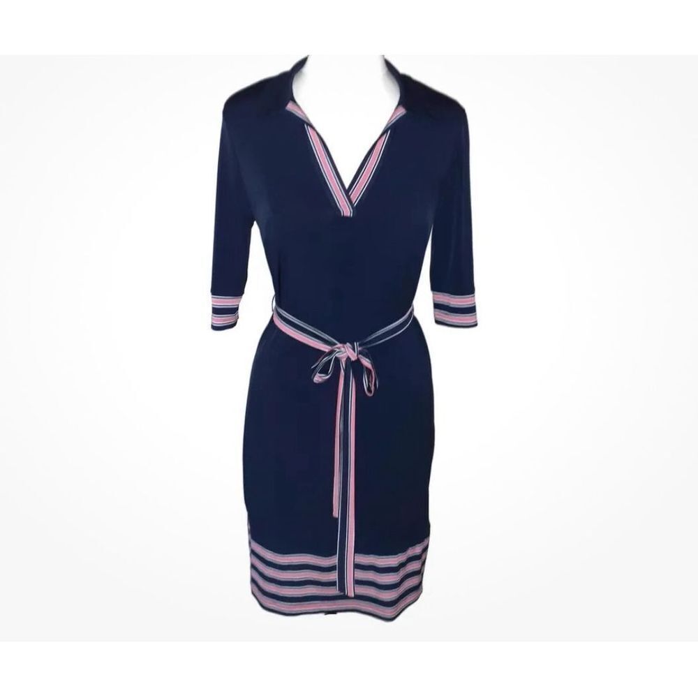 New En Focus Navy Blue w/ Red & White Stripes Women Midi Collard Shirt Dress